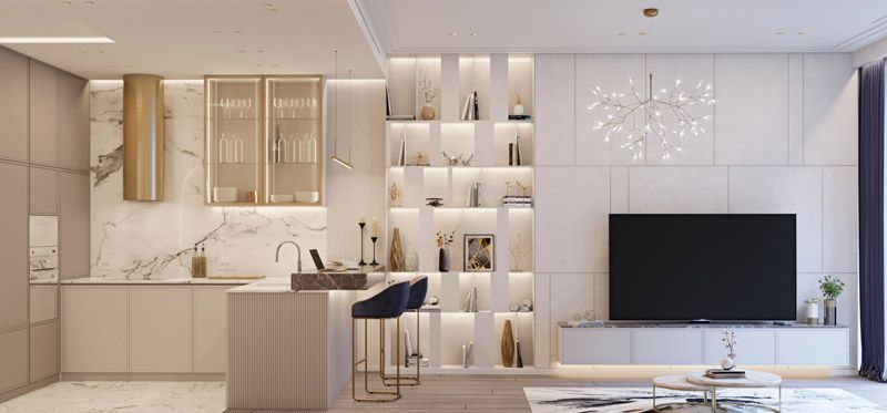 Дизайн интерьера кухни-гостиной в Neva Towers Москва-Сити