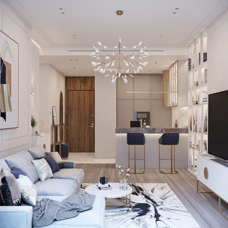 Дизайн интерьера кухни-гостиной в Neva Towers Москва-Сити
