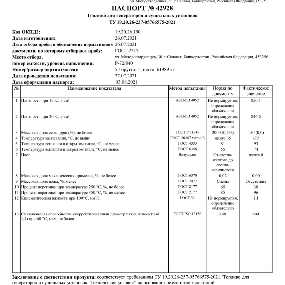 Паспорт на топливо для генераторов и сушильных установок