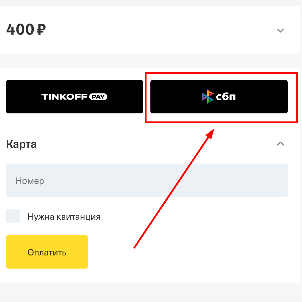 Скриншот выбора способа оплаты