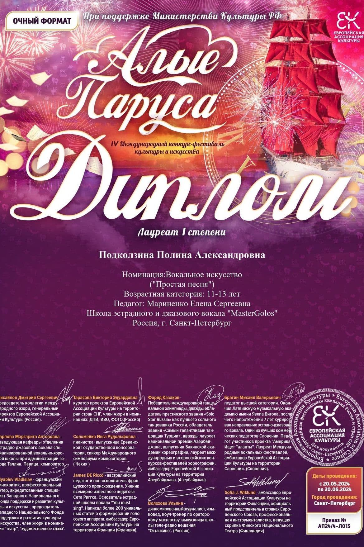 IV Международный конкурс культуры и искусства «Алые паруса», г. Санкт-Петербург