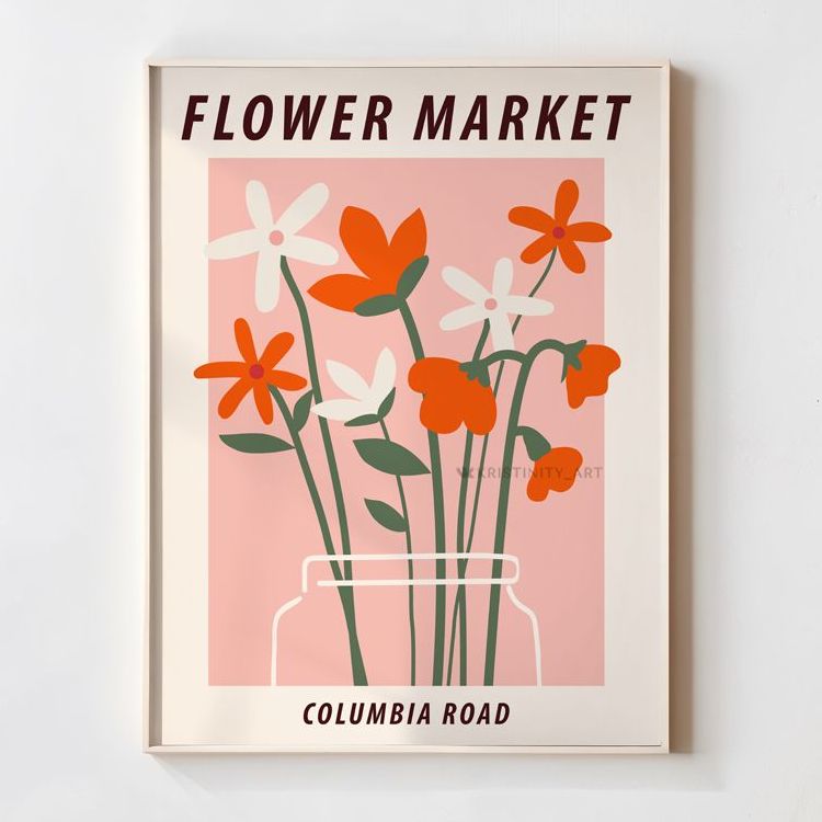 персиковый постер с букетом цветов на стену flower market
