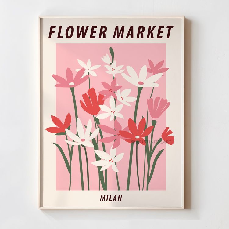 розовый постер с цветами flower market для кухни