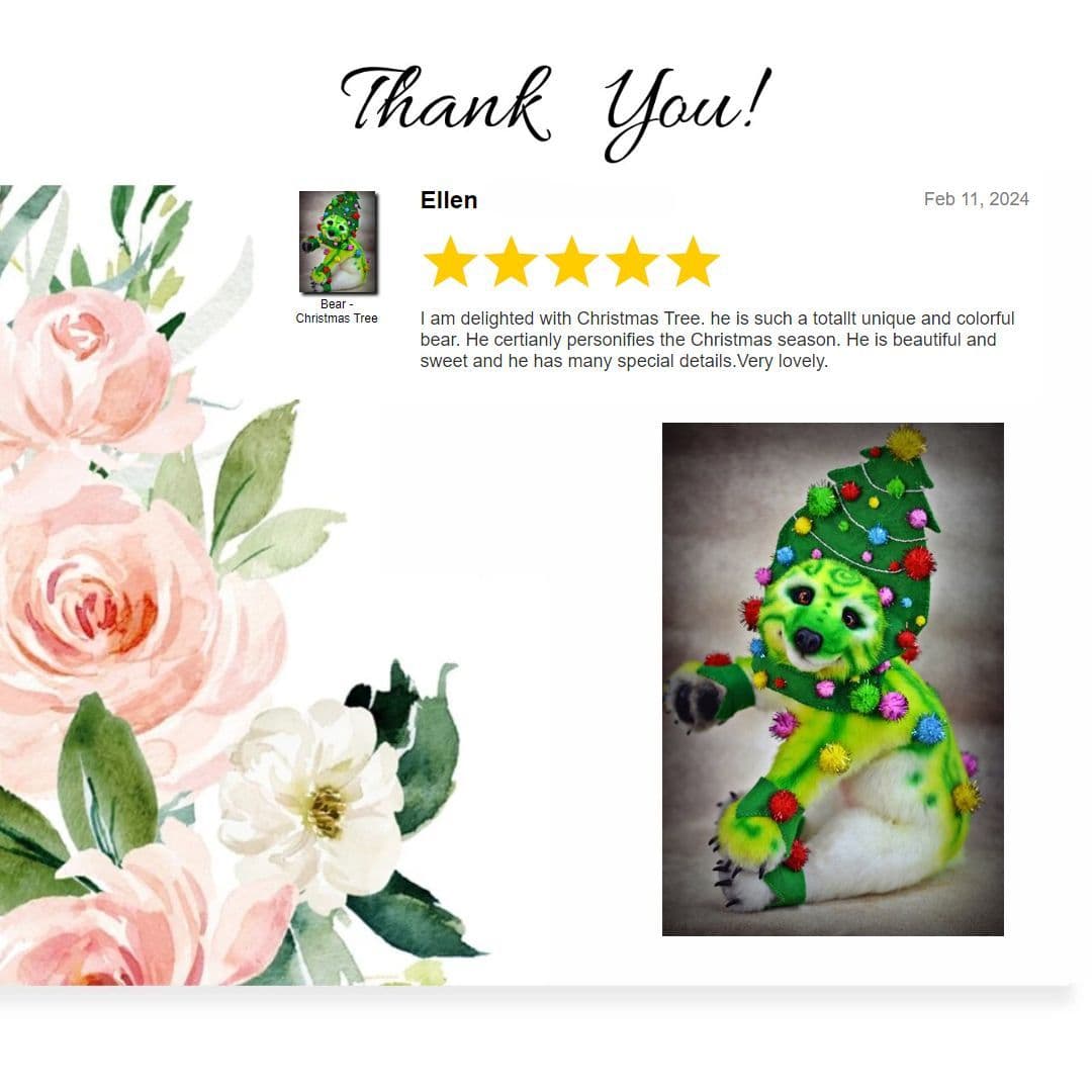 The image depicts a whimsical plush creature resembling a bear, adorned with a vibrant green Christmas tree hat decorated with colorful pom-poms and o