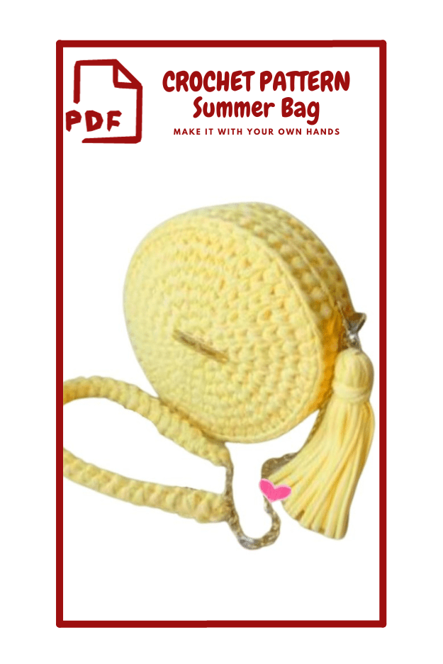 The image shows a crochet pattern for a summer bag. The bag is round and crocheted in a light yellow color. It features a long strap made of the same 