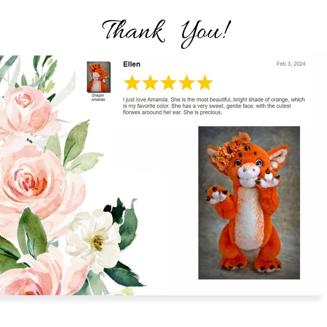 The image features an adorable plush creature with a vibrant orange coat. It has a whimsical design, showcasing a combination of dragon and cat-like f