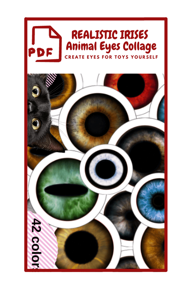 The image is a cover for a PDF titled "REALISTIC IRISES Animal Eyes Collage." The subtitle reads "CREATE EYES FOR TOYS YOURSELF." The design features 