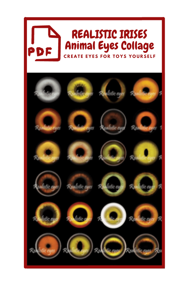 The image is a collage titled "REALISTIC IRISES Animal Eyes Collage" with the subtitle "CREATE EYES FOR TOYS YOURSELF." It appears to be a PDF cover. 