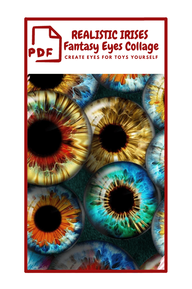 The image shows a collage of realistic-looking irises in various vibrant colors, including blue, green, brown, and orange. They are arranged closely t