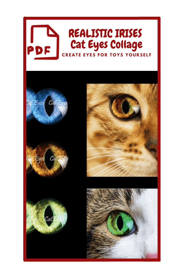 The image is a collage with a red border and features the title "REALISTIC IRISES Cat Eyes Collage CREATE EYES FOR TOYS YOURSELF" at the top, along wi