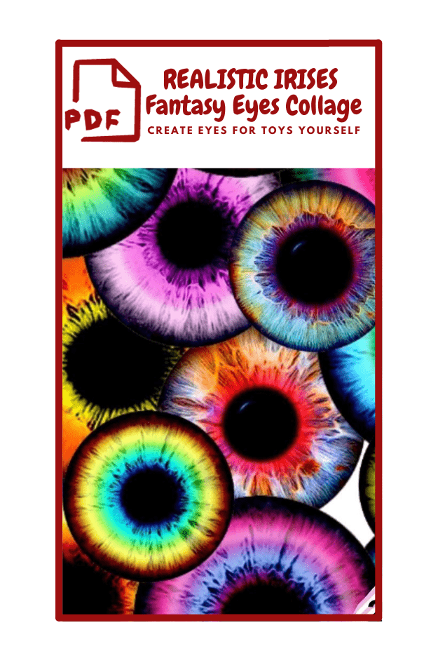 The image shows a collage of colorful, realistic-looking irises, which are the colored parts of eyes. The irises are in various vibrant colors, includ
