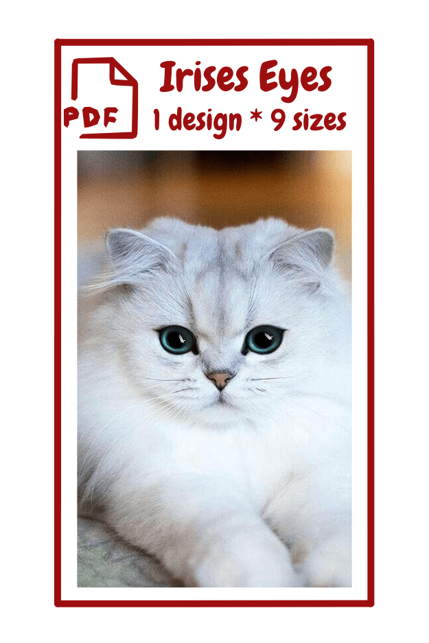 The image shows a white fluffy cat with strikingly large, bright blue eyes. Above the cat, there is text that reads: "PDF Irises Eyes 1 design * 9 siz