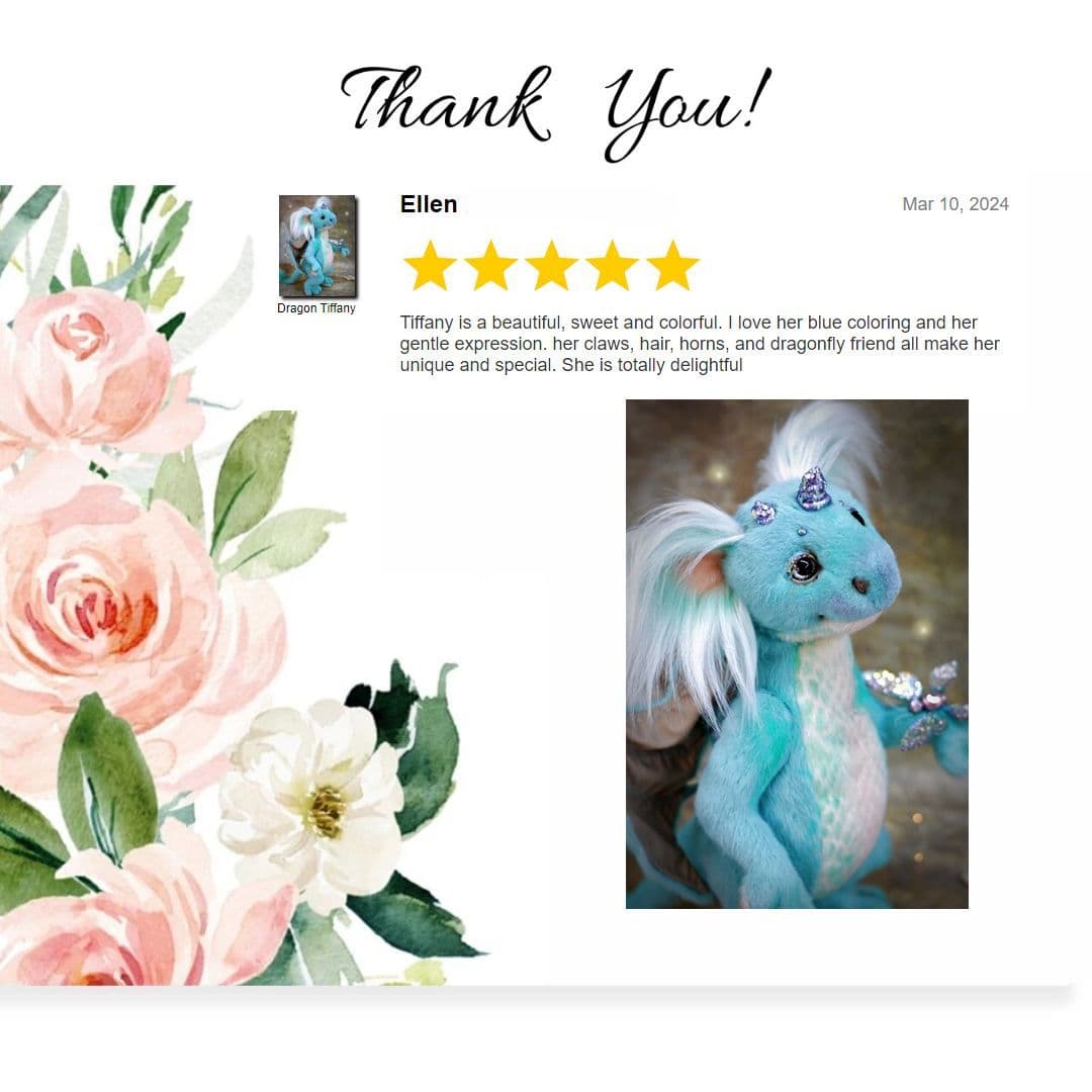 To the right, there is a review from a customer named Ellen, dated March 10, 2024. The review rates a character named Tiffany with five golden stars a