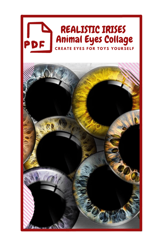 The image shows a collage of realistic-looking animal irises in various colors, including shades of blue, yellow, brown, and green. The irises have a 